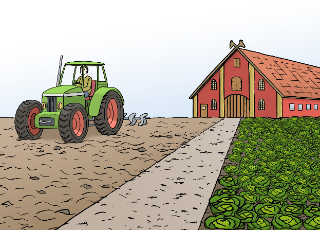 Traktor, Scheune und Feld